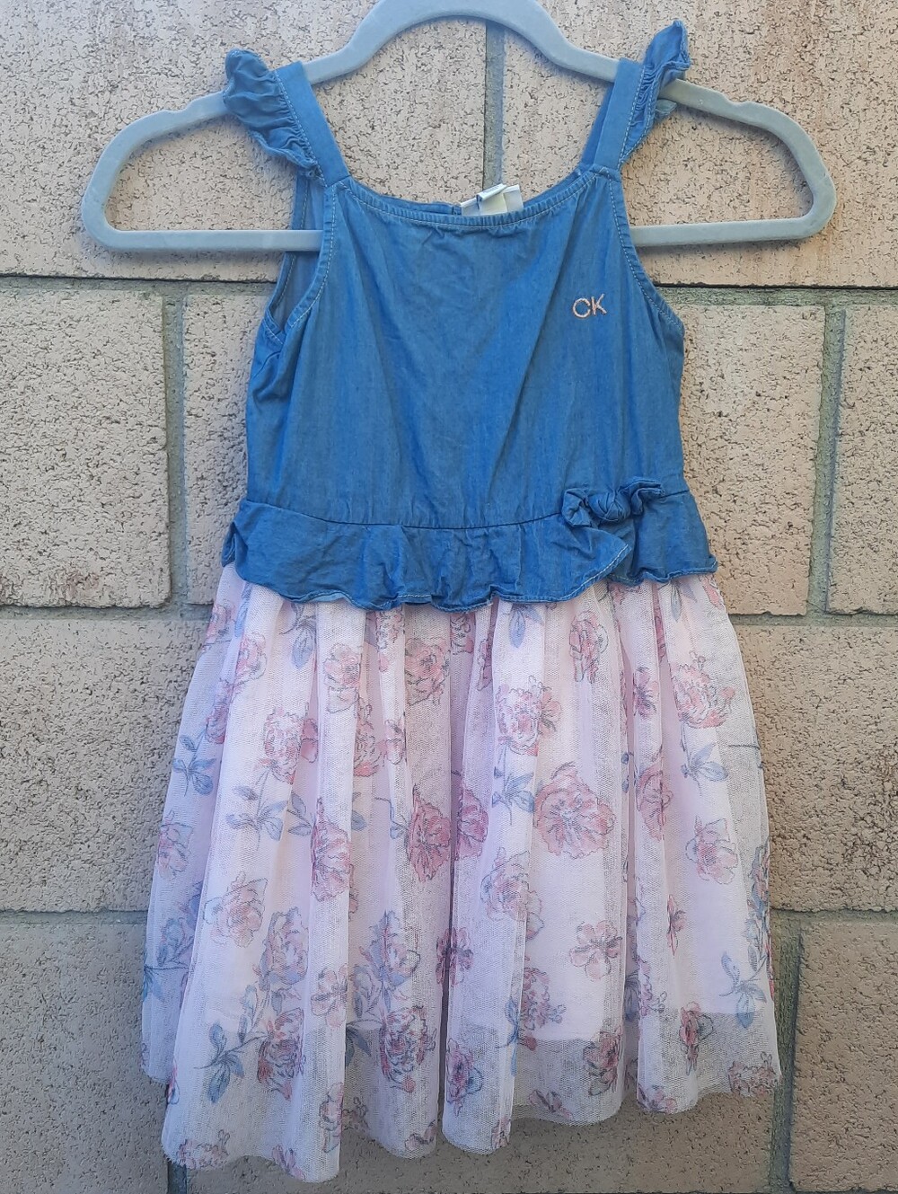 Calvin Klein Girl's Youth Twofer Flare Denim Floral Dress Size 6 Pink Blue
